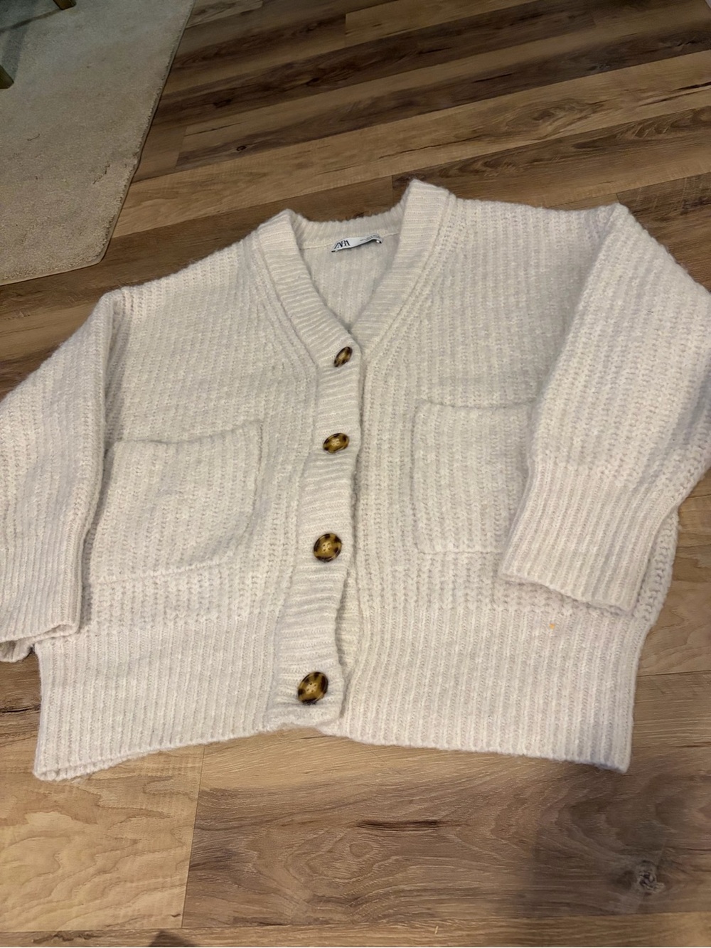 Zara Oversized Ribbed Knit Patch-Pocket Cardigan Cream Ecru Size S/M - VGC
